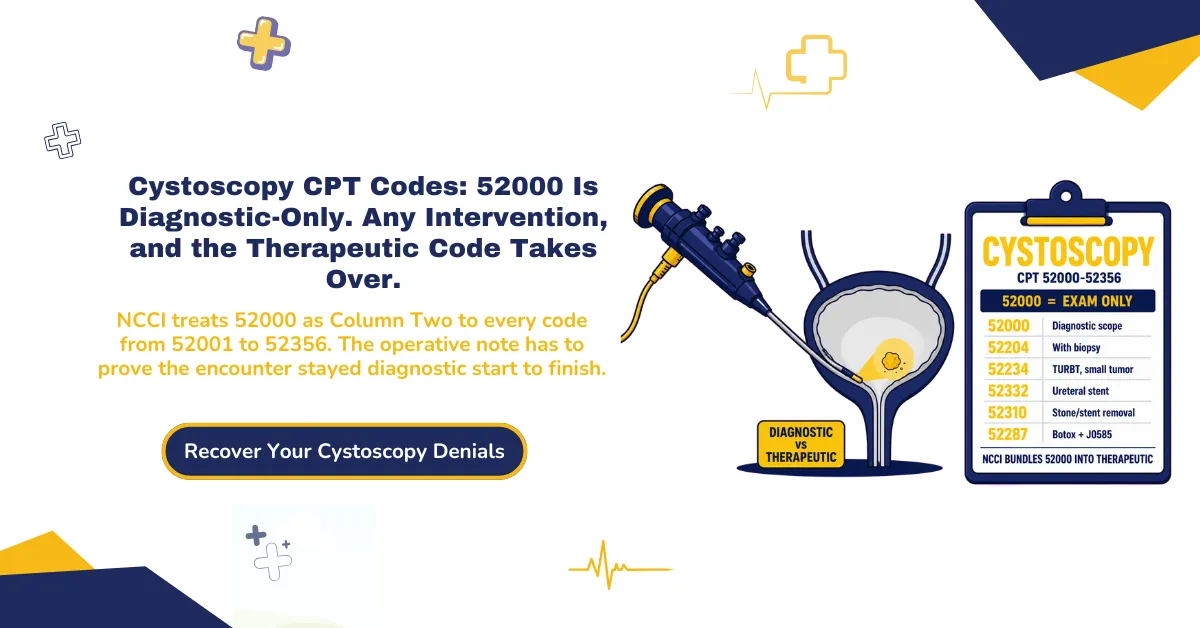 Cystoscopy CPT codes 52000-52356 2026 hero banner: 52000 diagnostic-only against the therapeutic family, the NCCI Column Two bundling edit, TURBT size tiers 52234/52235/52240 at one unit per day, 52332 stent placement with bundled imaging, and the J0585 Botox unit calculation, from ClaimMax RCM.