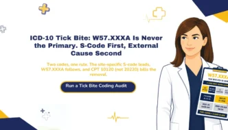 ICD-10 tick bite coding 2026 hero banner: W57.XXXA external cause code, mandatory S-code primary sequencing, three X placeholder rule, CPT 10120 versus 20220 correction, and 7th character A/D/S encounter phases.