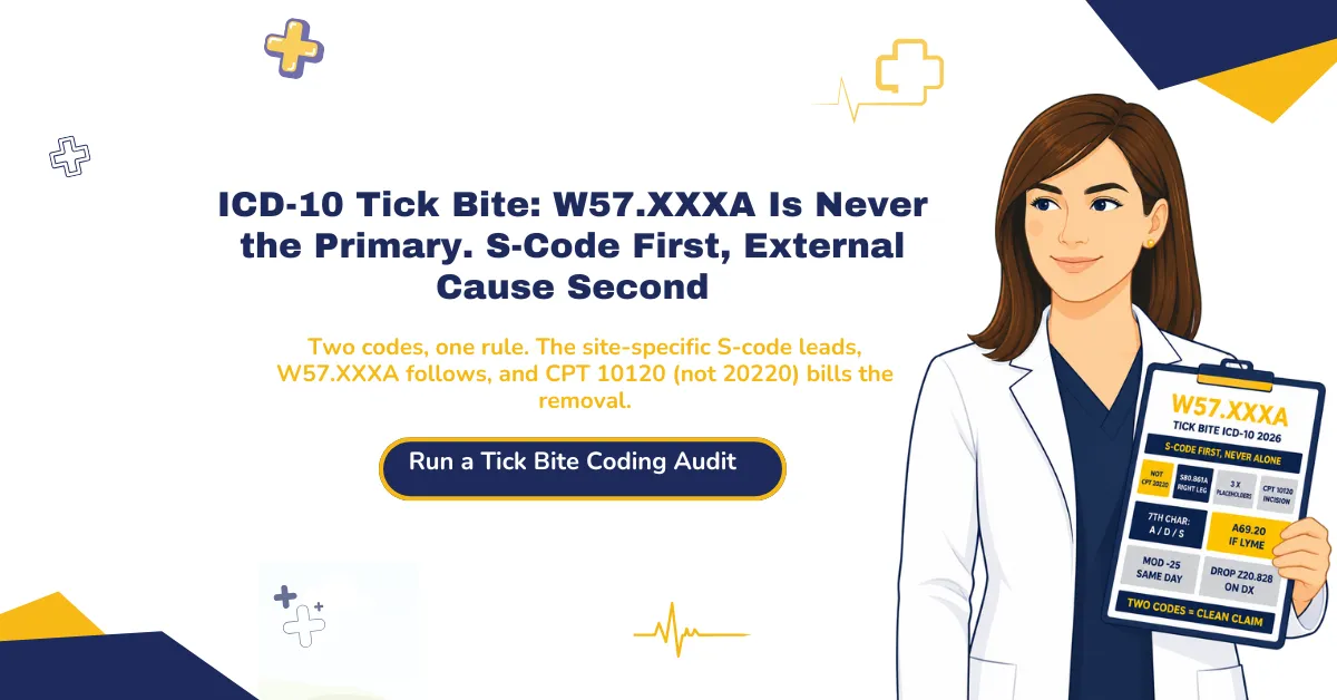 ICD-10 tick bite coding 2026 hero banner: W57.XXXA external cause code, mandatory S-code primary sequencing, three X placeholder rule, CPT 10120 versus 20220 correction, and 7th character A/D/S encounter phases.