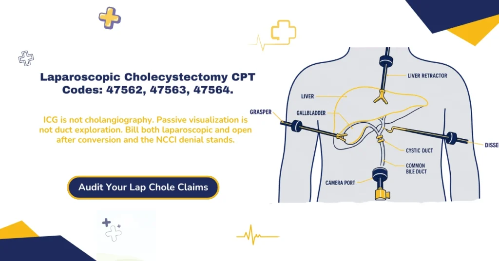 Laparoscopic cholecystectomy CPT codes 2026 hero banner: 47562 standard, 47563 with contrast and fluoroscopy, 47564 with active duct intervention, NCCI conversion rule, and 90-day global period, from ClaimMax RCM.
