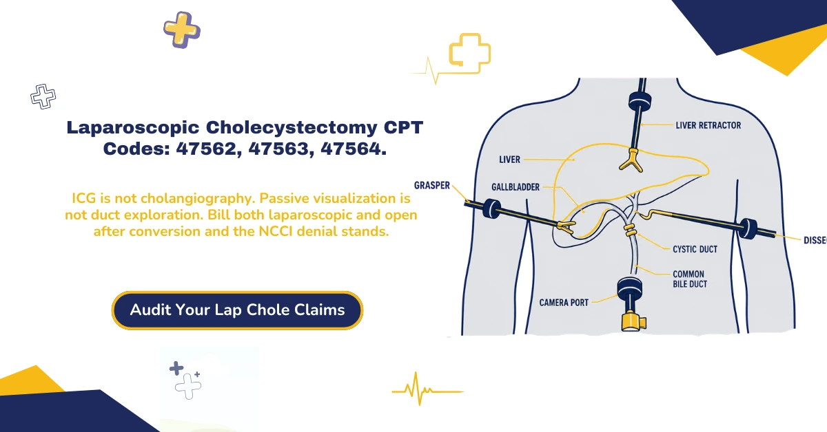 Laparoscopic cholecystectomy CPT codes 2026 hero banner: 47562 standard, 47563 with contrast and fluoroscopy, 47564 with active duct intervention, NCCI conversion rule, and 90-day global period, from ClaimMax RCM.
