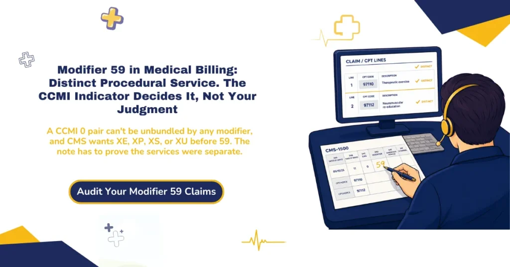 Modifier 59 medical billing 2026 hero banner: the distinct procedural service override for NCCI bundling, the CCMI indicator that decides whether a modifier can bypass an edit, the X modifiers XE, XP, XS, and XU, and the different-diagnosis rule that doesn't justify 59, from ClaimMax RCM.