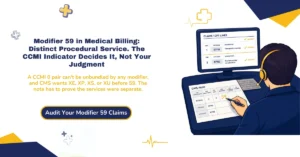 Modifier 59 medical billing 2026 hero banner: the distinct procedural service override for NCCI bundling, the CCMI indicator that decides whether a modifier can bypass an edit, the X modifiers XE, XP, XS, and XU, and the different-diagnosis rule that doesn't justify 59, from ClaimMax RCM.