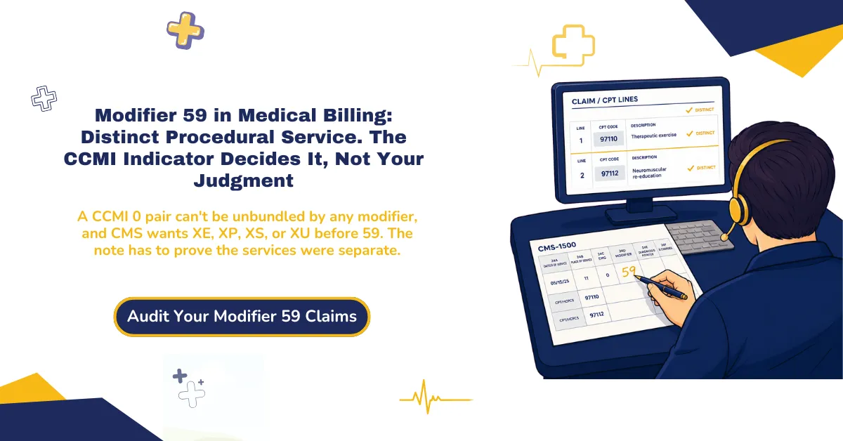 Modifier 59 medical billing 2026 hero banner: the distinct procedural service override for NCCI bundling, the CCMI indicator that decides whether a modifier can bypass an edit, the X modifiers XE, XP, XS, and XU, and the different-diagnosis rule that doesn't justify 59, from ClaimMax RCM.
