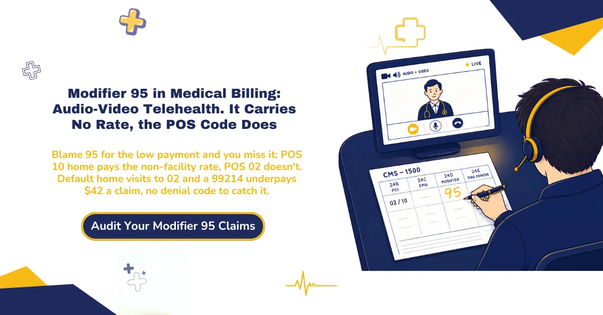Modifier 95 medical billing 2026 hero banner: synchronous audio-video telehealth on Appendix P codes, the POS code setting the rate instead of the modifier, POS 10 home versus POS 02 facility, modifier 95 versus 93 audio-only, the hospital-therapy institutional exception, and the silent POS 02 default that underpays home visits, from ClaimMax RCM.