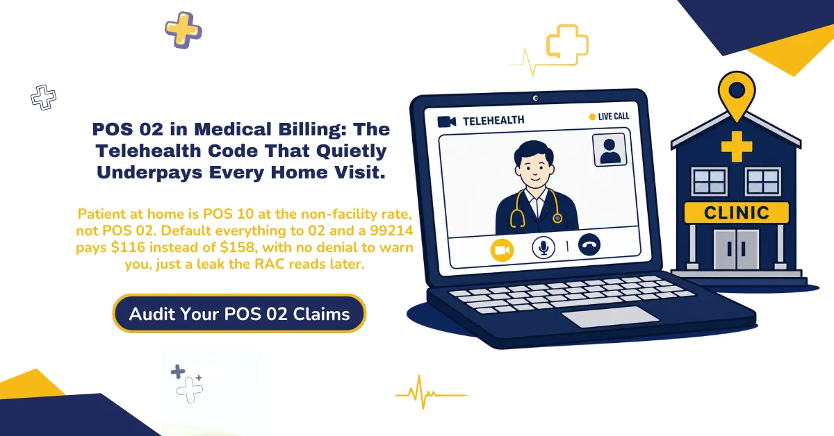 Place of service 02 telehealth 2026 hero banner: the patient-location rule that splits POS 02 outside the home from POS 10 at home, the facility-versus-non-facility rate gap of roughly $42 on a 99214, modifier 95 for audio-video and 93 for audio-only, the Q3014 originating-site fee, and the EHR-default error that silently underpays home visits, from ClaimMax RCM.