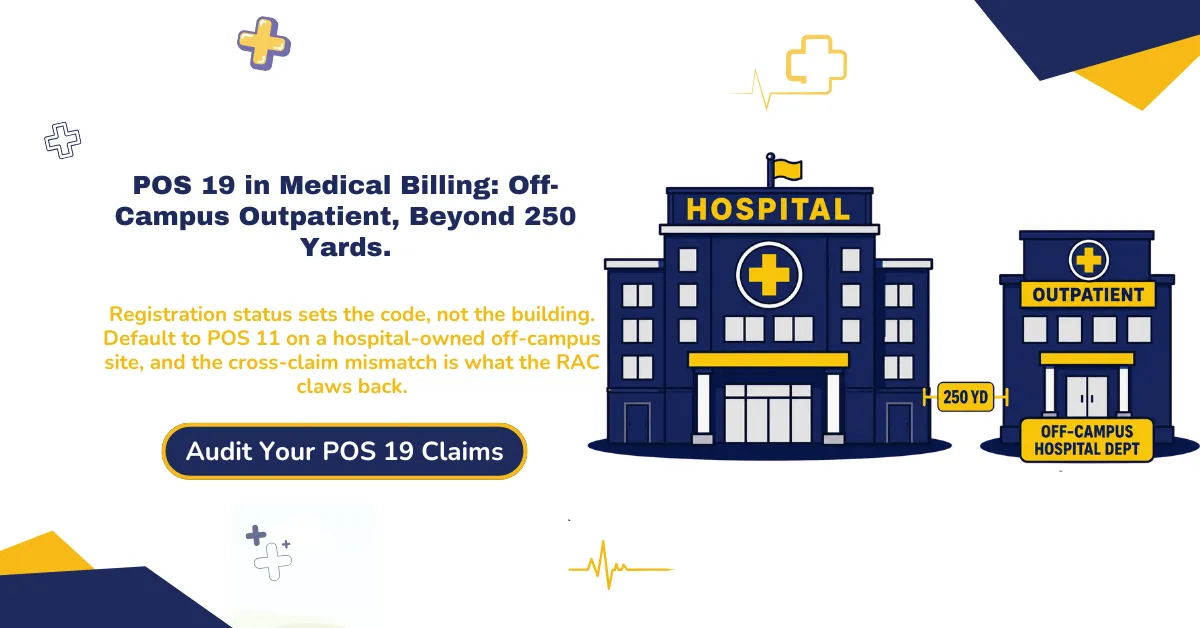Place of service 19 off-campus outpatient hospital 2026 hero banner: the 250-yard campus rule, POS 19 in Box 24B at the facility rate, excepted versus non-excepted sites with modifiers PO and PN on the UB-04, the three-day inpatient bundling rule, and the POS 11 default error that triggers RAC recoupment.
