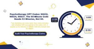 Psychotherapy CPT codes 2026 hero banner: 90832 at 16-37 minutes, 90834 at 38-52 minutes, 90837 at 53 minutes or more, the add-on codes 90833/90836/90838 for E/M-paired sessions, and the crisis code exclusion list barring 90839/90840 from standard psychotherapy codes, from ClaimMax RCM.