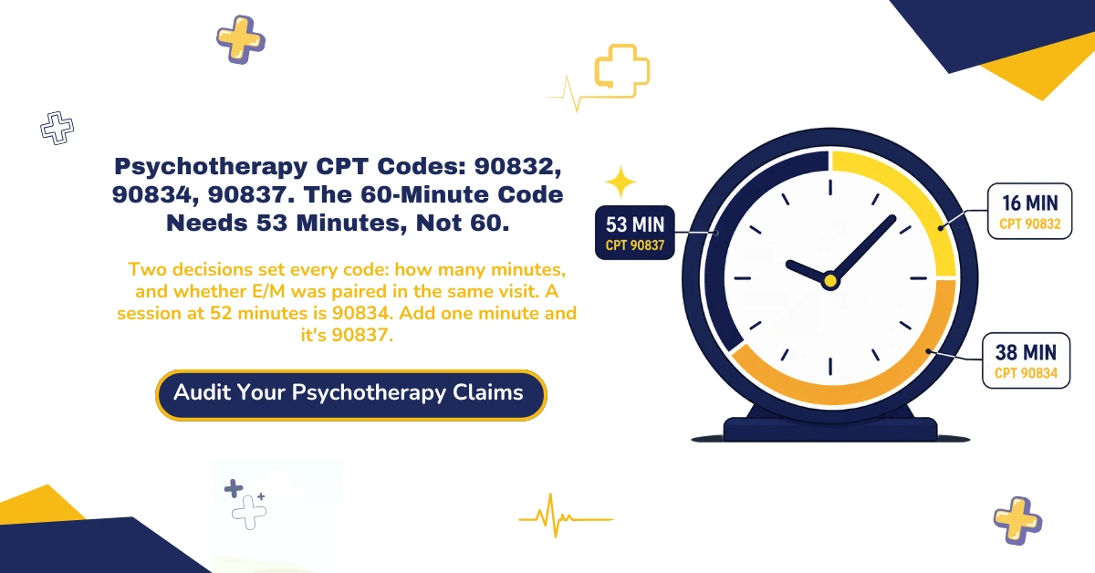 Psychotherapy CPT codes 2026 hero banner: 90832 at 16-37 minutes, 90834 at 38-52 minutes, 90837 at 53 minutes or more, the add-on codes 90833/90836/90838 for E/M-paired sessions, and the crisis code exclusion list barring 90839/90840 from standard psychotherapy codes, from ClaimMax RCM.