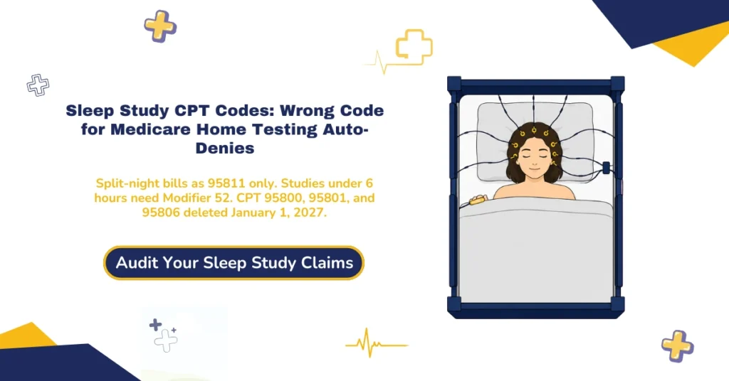 Sleep study CPT codes 2026 hero banner: 95810 diagnostic PSG, 95811 CPAP titration, G0399 for Medicare home testing, Modifier 52 under 6 hours, and January 2027 deletion of 95800-95806, from ClaimMax RCM.