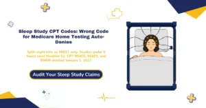 Sleep study CPT codes 2026 hero banner: 95810 diagnostic PSG, 95811 CPAP titration, G0399 for Medicare home testing, Modifier 52 under 6 hours, and January 2027 deletion of 95800-95806, from ClaimMax RCM.