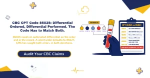 CBC CPT code 85025 billing 2026 hero banner: 85025 for automated differential versus 85027 for no differential, the NGS default rule for ambiguous orders, 85025 and 85027 NCCI duplicate edit, Modifier QW for CLIA-waived settings, Modifier 90 for reference labs, and the 12.1% improper payment rate from CMS, from ClaimMax RCM.