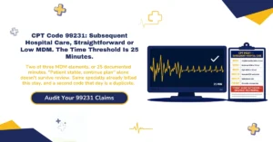 CPT code 99231 subsequent hospital care billing 2026 hero banner: straightforward or low MDM requiring two of three elements versus the 25-minute time threshold, 99231 low versus 99232 moderate versus 99233 high comparison, per-day billing limits for same specialty and group, POS 21 inpatient versus POS 22 observation, and the discharge-date conflict with 99238 and 99239, from ClaimMax RCM.