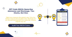 CPT code 99234 same-day admission and discharge billing 2026 hero banner: eight-hour stay threshold versus 45-minute total provider time, two required E/M encounters, straightforward or low MDM, 99235 and 99236 for higher levels, POS 21 versus 22 versus 19, and the calendar-date rule that disqualifies overnight stays, from ClaimMax RCM.