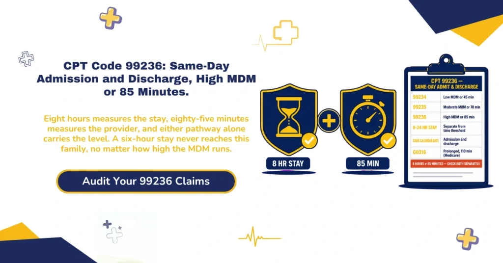 CPT code 99236 same-day admission and discharge billing 2026 hero banner: 8-hour stay threshold versus 85-minute total provider time, high MDM pathway, G0316 prolonged service at 110 minutes, 99234 and 99235 on either side, POS 21 versus 22 versus 19, and split/shared billing with Modifier FS, from ClaimMax RCM.