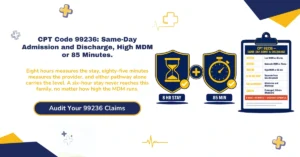 CPT code 99236 same-day admission and discharge billing 2026 hero banner: 8-hour stay threshold versus 85-minute total provider time, high MDM pathway, G0316 prolonged service at 110 minutes, 99234 and 99235 on either side, POS 21 versus 22 versus 19, and split/shared billing with Modifier FS, from ClaimMax RCM.