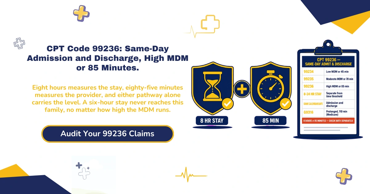 CPT code 99236 same-day admission and discharge billing 2026 hero banner: 8-hour stay threshold versus 85-minute total provider time, high MDM pathway, G0316 prolonged service at 110 minutes, 99234 and 99235 on either side, POS 21 versus 22 versus 19, and split/shared billing with Modifier FS, from ClaimMax RCM.