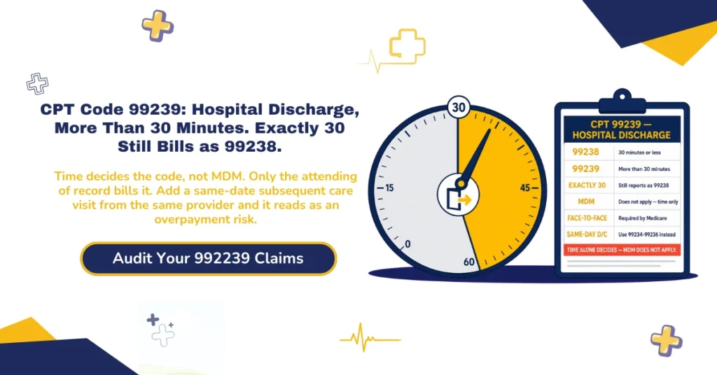 CPT code 99239 hospital discharge billing 2026 hero banner: more than 30 minutes for 99239 versus 30 or less for 99238, cumulative discharge-management time including final exam and medication reconciliation, attending physician of record eligibility, same-day admission and discharge routing to 99234-99236 instead, and the NCCI conflict with same-provider subsequent hospital care on the discharge date, from ClaimMax RCM.