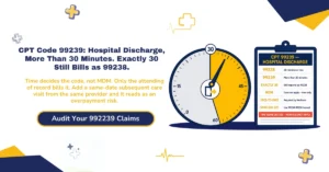CPT code 99239 hospital discharge billing 2026 hero banner: more than 30 minutes for 99239 versus 30 or less for 99238, cumulative discharge-management time including final exam and medication reconciliation, attending physician of record eligibility, same-day admission and discharge routing to 99234-99236 instead, and the NCCI conflict with same-provider subsequent hospital care on the discharge date, from ClaimMax RCM.
