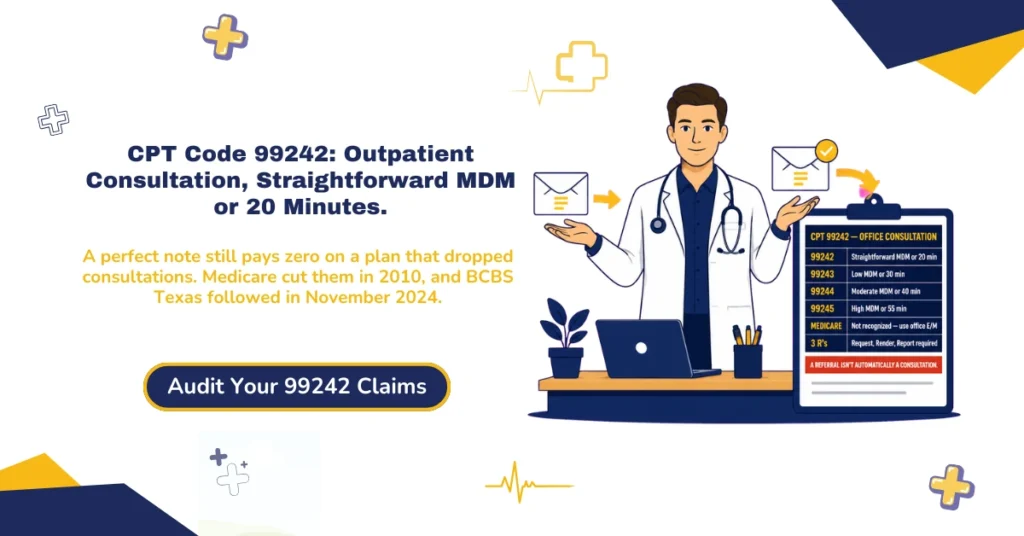 CPT 99242 outpatient consultation billing 2026 hero banner: straightforward MDM or 20-minute time threshold, request-service-report consultation test, Medicare's 2010 non-recognition policy, BCBS Texas dropping consultation codes November 2024, and modifier 25 same-day E/M rules, from ClaimMax RCM.