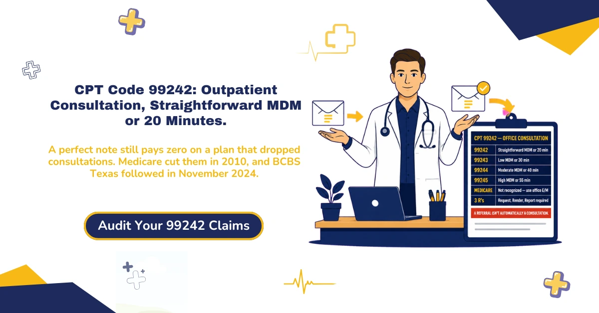 CPT 99242 outpatient consultation billing 2026 hero banner: straightforward MDM or 20-minute time threshold, request-service-report consultation test, Medicare's 2010 non-recognition policy, BCBS Texas dropping consultation codes November 2024, and modifier 25 same-day E/M rules, from ClaimMax RCM.