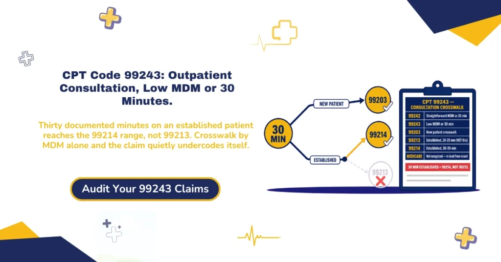 CPT 99243 outpatient consultation billing 2026 hero banner: low MDM or 30-minute time threshold, Medicare's non-recognition of the 99242-99245 family, time-based crosswalk to 99214 instead of 99213, modifier 25 same-day procedure rules, and the March 2026 OIG modifier 25 audit initiative, from ClaimMax RCM.