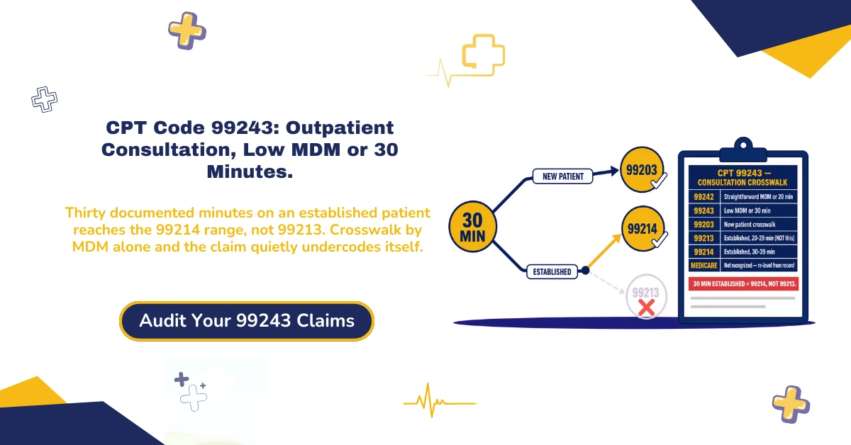 CPT 99243 outpatient consultation billing 2026 hero banner: low MDM or 30-minute time threshold, Medicare's non-recognition of the 99242-99245 family, time-based crosswalk to 99214 instead of 99213, modifier 25 same-day procedure rules, and the March 2026 OIG modifier 25 audit initiative, from ClaimMax RCM.
