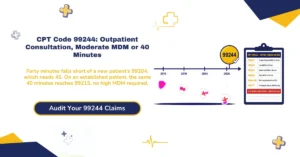 CPT 99244 outpatient consultation billing 2026 hero banner: moderate MDM or 40-minute time threshold, Medicare's non-recognition of the 99242-99245 family since 2010, the 40-minute crosswalk trap between 99203/99204 for new patients and 99214/99215 for established, no prolonged-service add-on at this level, and payer-specific consultation recognition rules, from ClaimMax RCM.