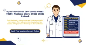 Inpatient consult CPT codes 2026 hero banner: 99252-99255 by MDM or time, Medicare's 2010 non-recognition policy requiring 99221-99223 instead, the 99221 floor-rule gap for short consults, modifier AI for principal physician of record, and the RVU gap between consult and crosswalk codes, from ClaimMax RCM.