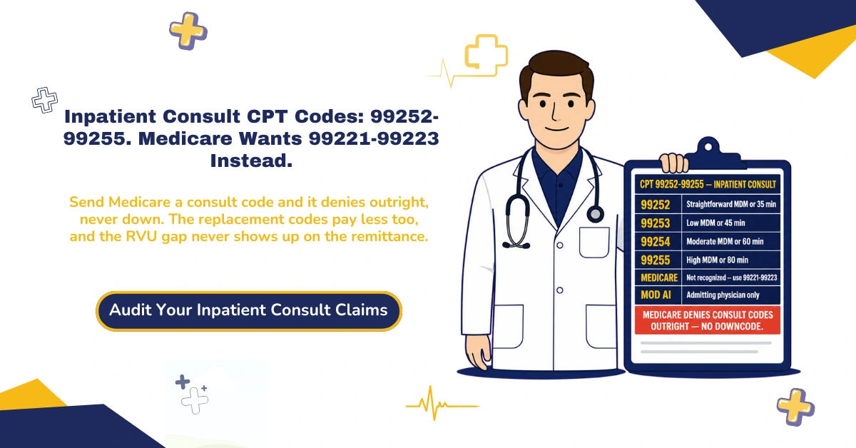 Inpatient consult CPT codes 2026 hero banner: 99252-99255 by MDM or time, Medicare's 2010 non-recognition policy requiring 99221-99223 instead, the 99221 floor-rule gap for short consults, modifier AI for principal physician of record, and the RVU gap between consult and crosswalk codes, from ClaimMax RCM.