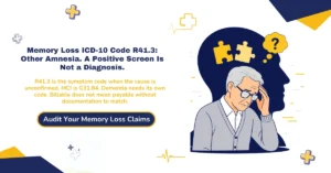 Memory loss ICD-10 code R41.3 billing 2026 hero banner: Other amnesia for unspecified memory loss NOS, G31.84 for documented mild cognitive impairment, R41.81 for age-related cognitive decline, G45.4 for transient global amnesia, CPT 99483 cognitive assessment documentation requirements, and the rule that screening results do not independently assign the ICD-10 code, from ClaimMax RCM.