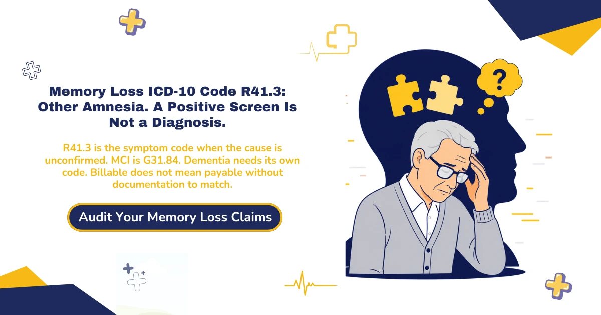 Memory loss ICD-10 code R41.3 billing 2026 hero banner: Other amnesia for unspecified memory loss NOS, G31.84 for documented mild cognitive impairment, R41.81 for age-related cognitive decline, G45.4 for transient global amnesia, CPT 99483 cognitive assessment documentation requirements, and the rule that screening results do not independently assign the ICD-10 code, from ClaimMax RCM.