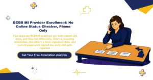 BCBS MI provider enrollment 2026 hero banner: no online status checker, phone-only verification at 1-800-822-2761 with a 30-day wait, 90-day directory attestation and 120-day practitioner data attestation, the separate 120-day form-signature dating rule, and Michigan's March 2026 Interstate Medical Licensure Compact reinstatement, from ClaimMax RCM.
