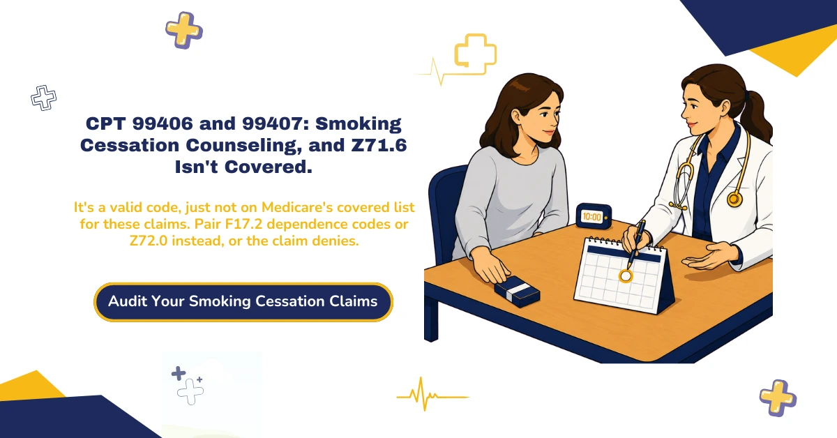 CPT 99406 and 99407 smoking cessation billing 2026 hero banner: 99406 for 3-10 minutes and 99407 for over 10 minutes, Z71.6 valid but not on Medicare's covered diagnosis list, F17.2 dependence codes and Z72.0 as the correct pairing, 8 sessions per 12 months with state Medicaid variance up to 24, and 2026 dual conversion factor rates, from ClaimMax RCM.