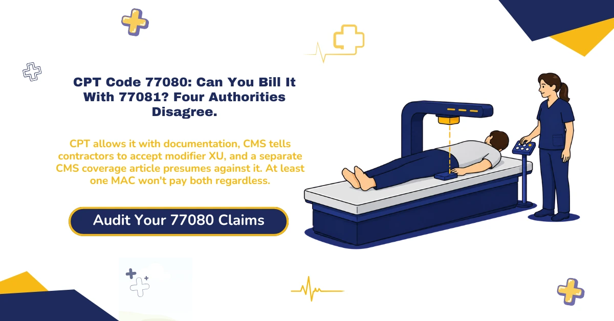 CPT code 77080 DEXA billing 2026 hero banner: axial bone density scan billed once per session, same-day pairing conflict with 77081 across four authorities, Z13.820 and covered ICD-10 codes, modifier 26/TC/XU rules, and CO-151 frequency and bundling denials, from ClaimMax RCM.
