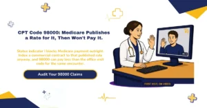 CPT code 98000 telehealth billing 2026 hero banner: new patient audio-video visit at straightforward MDM or 15 minutes, Medicare status indicator I blocking payment despite a published $53.44 rate, the 99202 crosswalk for Medicare claims, POS 10 versus POS 02 rate differences, and the 36.5% RVU gap against office visit codes, from ClaimMax RCM.