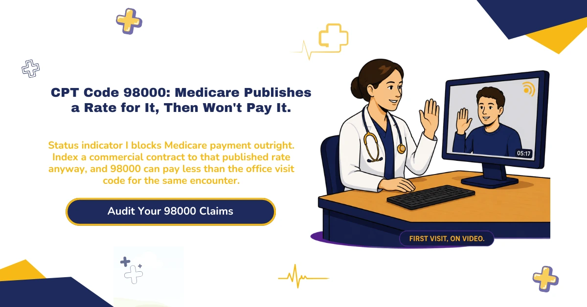 CPT code 98000 telehealth billing 2026 hero banner: new patient audio-video visit at straightforward MDM or 15 minutes, Medicare status indicator I blocking payment despite a published $53.44 rate, the 99202 crosswalk for Medicare claims, POS 10 versus POS 02 rate differences, and the 36.5% RVU gap against office visit codes, from ClaimMax RCM.