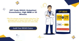 CPT 99245 outpatient consultation billing 2026 hero banner: high MDM or 55-minute time threshold, the highest level in the 99242-99245 family, 99417 prolonged service add-on starting at 70 minutes with no partial credit, Medicare's non-recognition since 2010, and payer-specific consultation policy verification, from ClaimMax RCM.