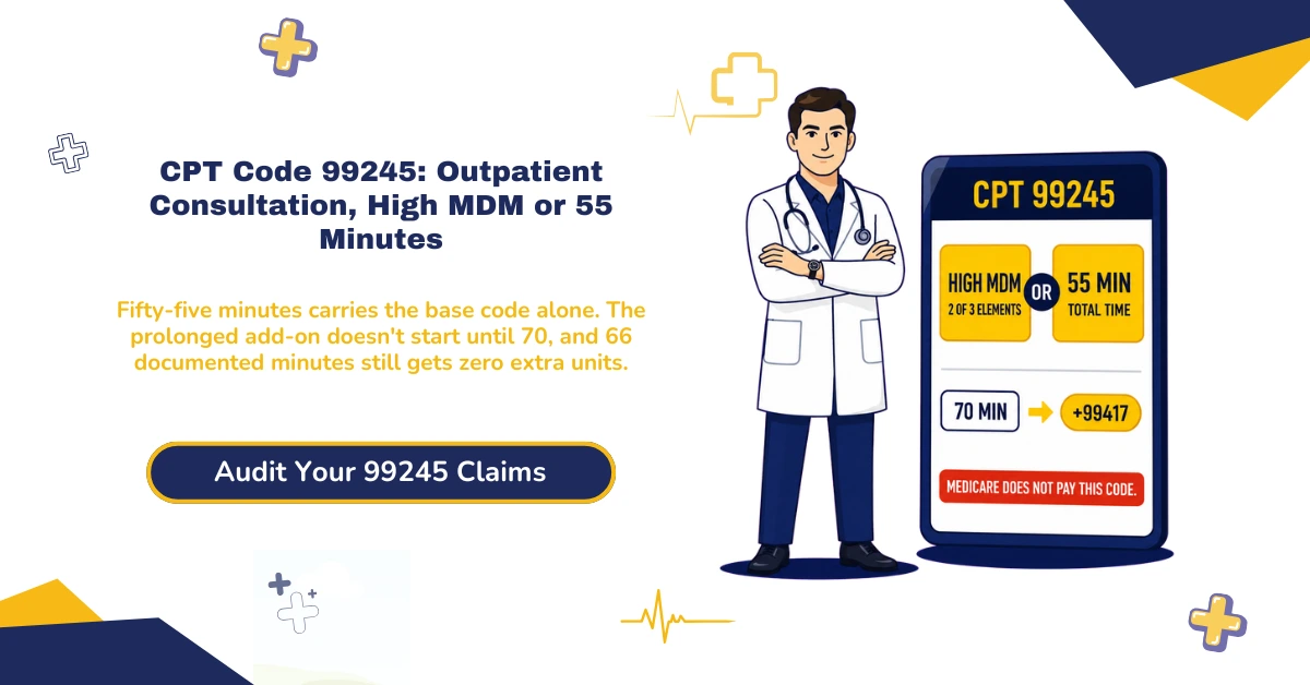 CPT 99245 outpatient consultation billing 2026 hero banner: high MDM or 55-minute time threshold, the highest level in the 99242-99245 family, 99417 prolonged service add-on starting at 70 minutes with no partial credit, Medicare's non-recognition since 2010, and payer-specific consultation policy verification, from ClaimMax RCM.