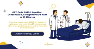 CPT 99252 inpatient consultation billing 2026 hero banner: straightforward MDM or 35-minute time threshold, the first active level after 99251's 2023 deletion, Medicare's non-recognition requiring 99221-99223 instead, the 4-minute gap between 99252's 35-minute floor and 99221's 40-minute floor, and POS 21 versus POS 22 setting rules, from ClaimMax RCM.