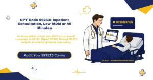 CPT 99253 inpatient consultation billing 2026 hero banner: low MDM or 45-minute time threshold, Medicare's non-recognition requiring 99221-99223 for inpatients, the observation-status routing trap sending non-ordering consultants to 99202-99215 instead, UnitedHealthcare's policy 2025R0129A denying the consult family, and modifier AI restricted to the principal physician of record, from ClaimMax RCM.