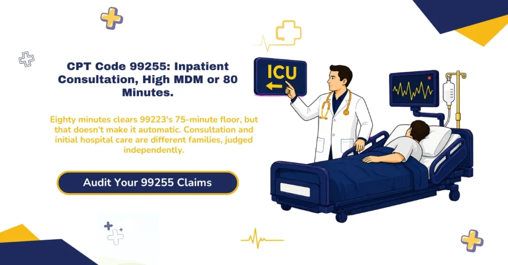 CPT 99255 inpatient consultation billing 2026 hero banner: high MDM or 80-minute time threshold, the highest level in the 99252-99255 family, no automatic Medicare crosswalk to 99223 despite the 75-minute floor, 99418 prolonged service starting at 95 minutes versus Medicare's G0316, and payer-specific consultation recognition rules, from ClaimMax RCM.