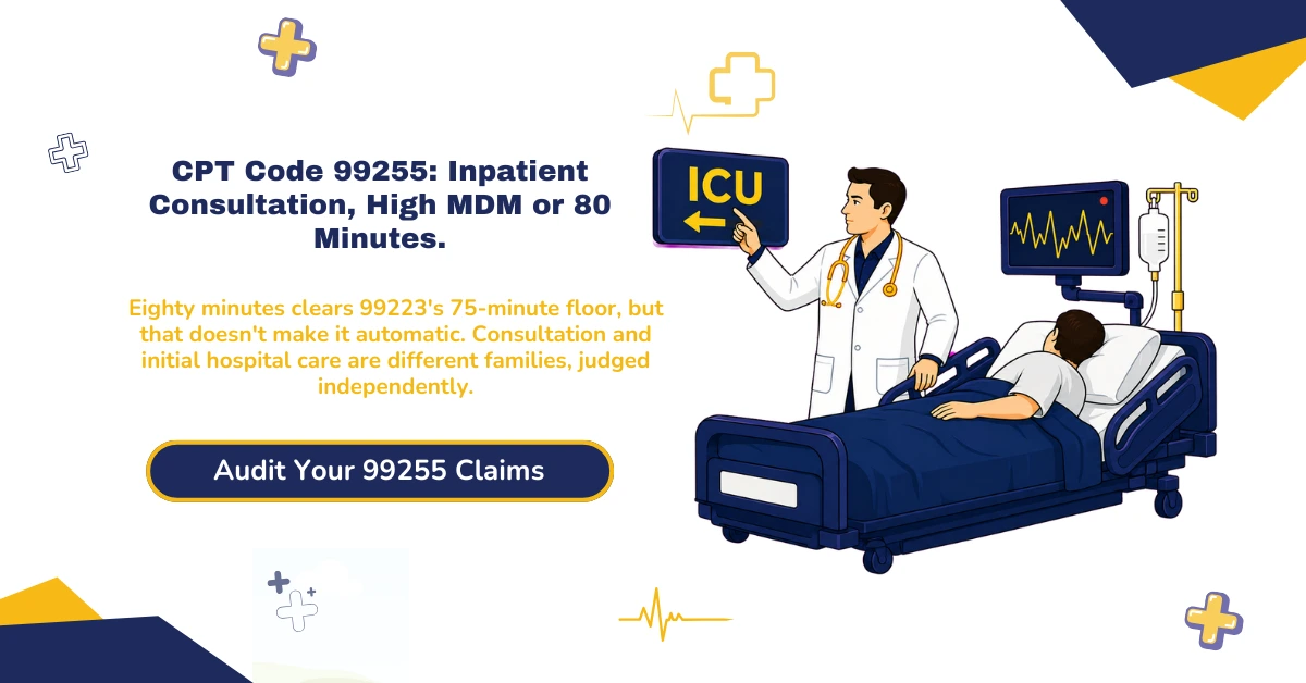 CPT 99255 inpatient consultation billing 2026 hero banner: high MDM or 80-minute time threshold, the highest level in the 99252-99255 family, no automatic Medicare crosswalk to 99223 despite the 75-minute floor, 99418 prolonged service starting at 95 minutes versus Medicare's G0316, and payer-specific consultation recognition rules, from ClaimMax RCM.