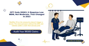 CPT code 99283 emergency department billing 2026 hero banner: low MDM requirement since January 2023, POS 23 place of service rule, modifier 25 and 57 placement on the E/M line, $69.47 2026 Medicare rate, and the CO-97, CO-4, and CO-50 denial codes, from ClaimMax RCM.