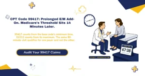 CPT 99417 prolonged E/M billing 2026 hero banner: complete 15-minute units after eligible primary E/M codes, 99417 for CPT-following payers versus HCPCS G2212 for Medicare with its 14-minutes-later threshold, Medicare's invalid status indicator I for 99417, eligible base codes including 99205, 99215, and telemedicine codes, and same-date exclusions blocking psychotherapy add-ons, from ClaimMax RCM.
