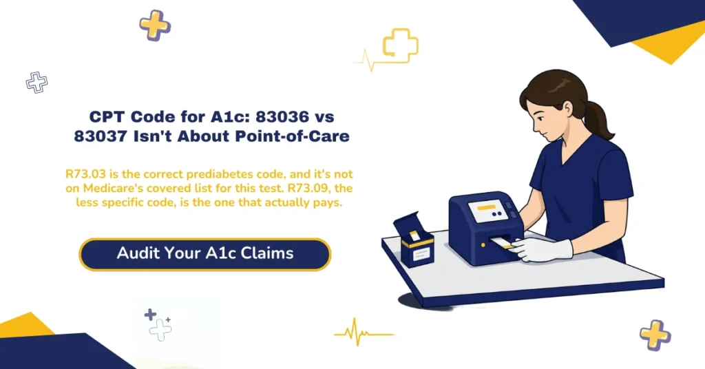 CPT code for A1c billing 2026 hero banner: 83036 lab test versus 83037 FDA-cleared home device, QW modifier tied to CLIA certificate type, R73.09 covered versus R73.03 denied for prediabetes, Z13.1 screening with modifier TS since January 2024, and the CO-50, CO-151, and CO-16 denial codes, from ClaimMax RCM.