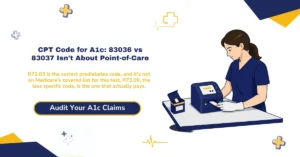CPT code for A1c billing 2026 hero banner: 83036 lab test versus 83037 FDA-cleared home device, QW modifier tied to CLIA certificate type, R73.09 covered versus R73.03 denied for prediabetes, Z13.1 screening with modifier TS since January 2024, and the CO-50, CO-151, and CO-16 denial codes, from ClaimMax RCM.