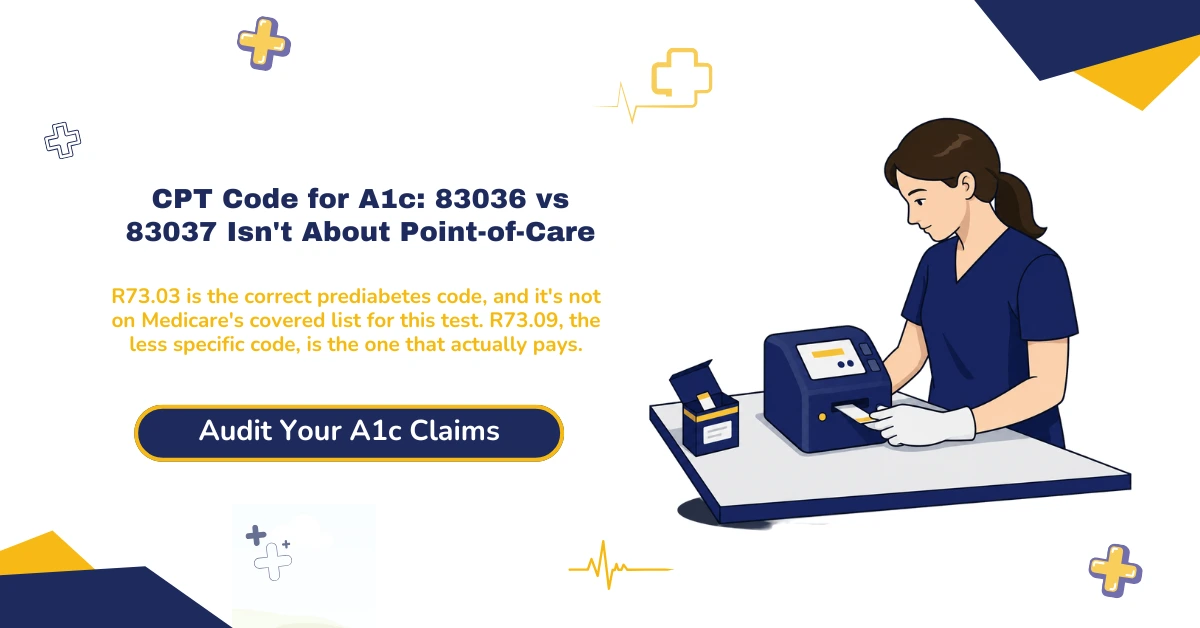 CPT code for A1c billing 2026 hero banner: 83036 lab test versus 83037 FDA-cleared home device, QW modifier tied to CLIA certificate type, R73.09 covered versus R73.03 denied for prediabetes, Z13.1 screening with modifier TS since January 2024, and the CO-50, CO-151, and CO-16 denial codes, from ClaimMax RCM.