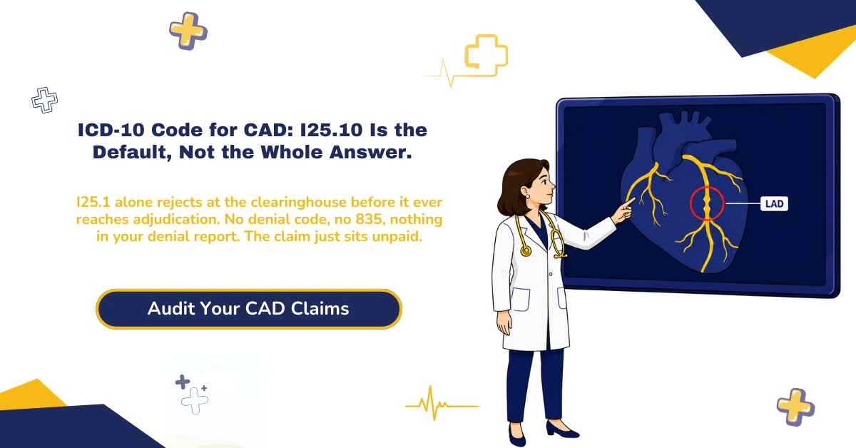 ICD-10 code for CAD 2026 hero banner: I25.10 as the default for native coronary artery disease without angina, I25.11 combination codes by angina type, I25.7 and I25.81 graft codes, non-billable parent codes causing silent clearinghouse rejections, and the HCC v28 risk adjustment gap for unspecified CAD, from ClaimMax RCM.