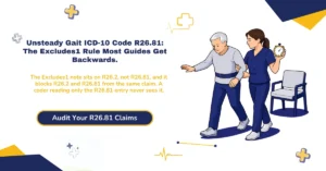 ICD-10 code for unsteady gait 2026 hero banner: R26.81 unsteadiness on feet versus R26.0 ataxic gait, R26.2 difficulty walking, and R26.89 other gait abnormalities, the Excludes1 rule sitting on R26.2 not R26.81, CARC 50 medical necessity denials, and CPT 97116 gait training pairing, from ClaimMax RCM.